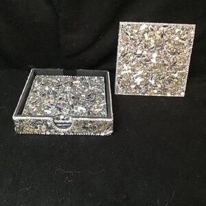 NWOT Set 4 Glam Silver Metal Beaded Coasters in Matching Wood Holder Case Box.